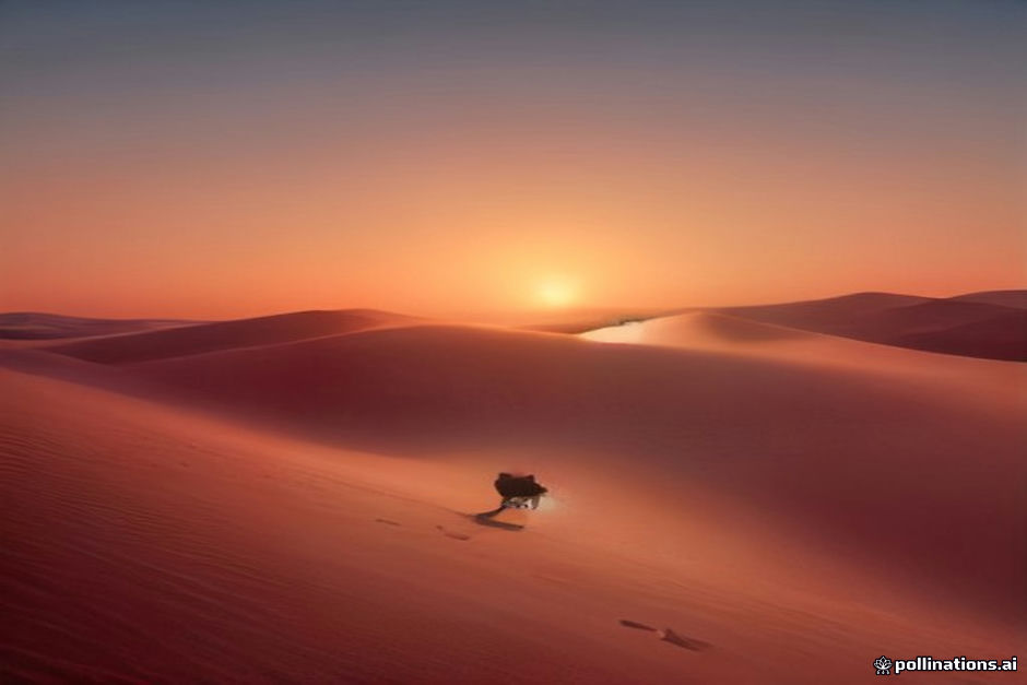Stylized illustration of the sun setting over the Sahara dunes with a small camel caravan silhouette on the ridge